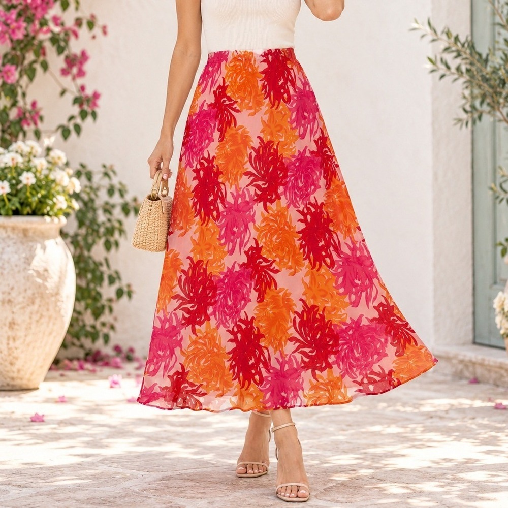Cato 18W 20W Maxi Skirt Pink Orange Floral Burst Tropical Boho Flowy Beach Airy